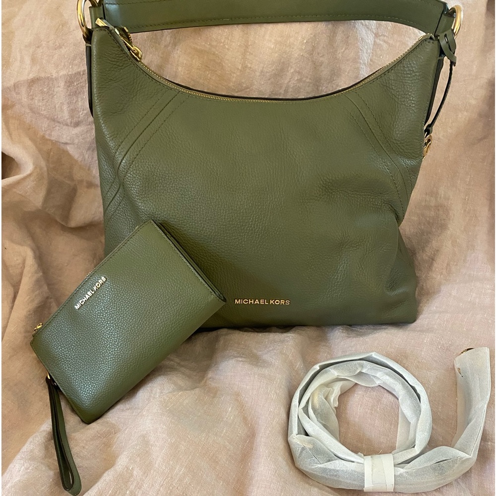 Michael Kors Aria Large Pebbled Leather Shoulder Bag And Wallet Green